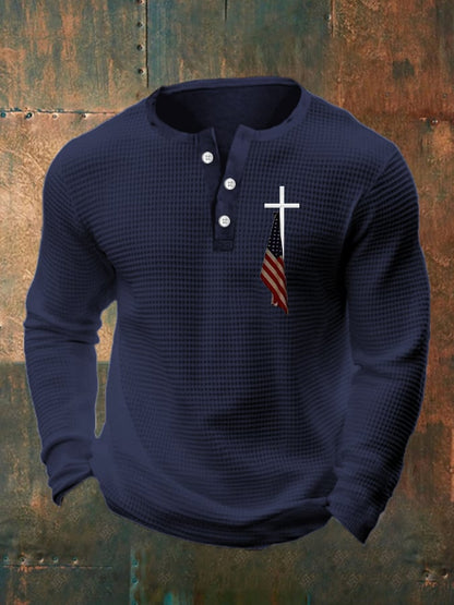 Men's Flag Cross Print Henley Collar Shirt