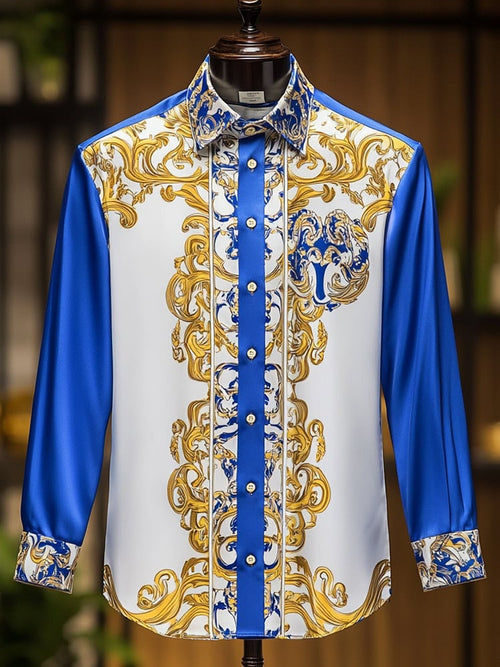 Men's Business Luxury Blue and Yellow Floral Long Sleeve Shirt