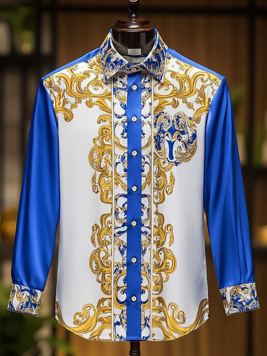 Men's Business Luxury Blue and Yellow Floral Long Sleeve Shirt