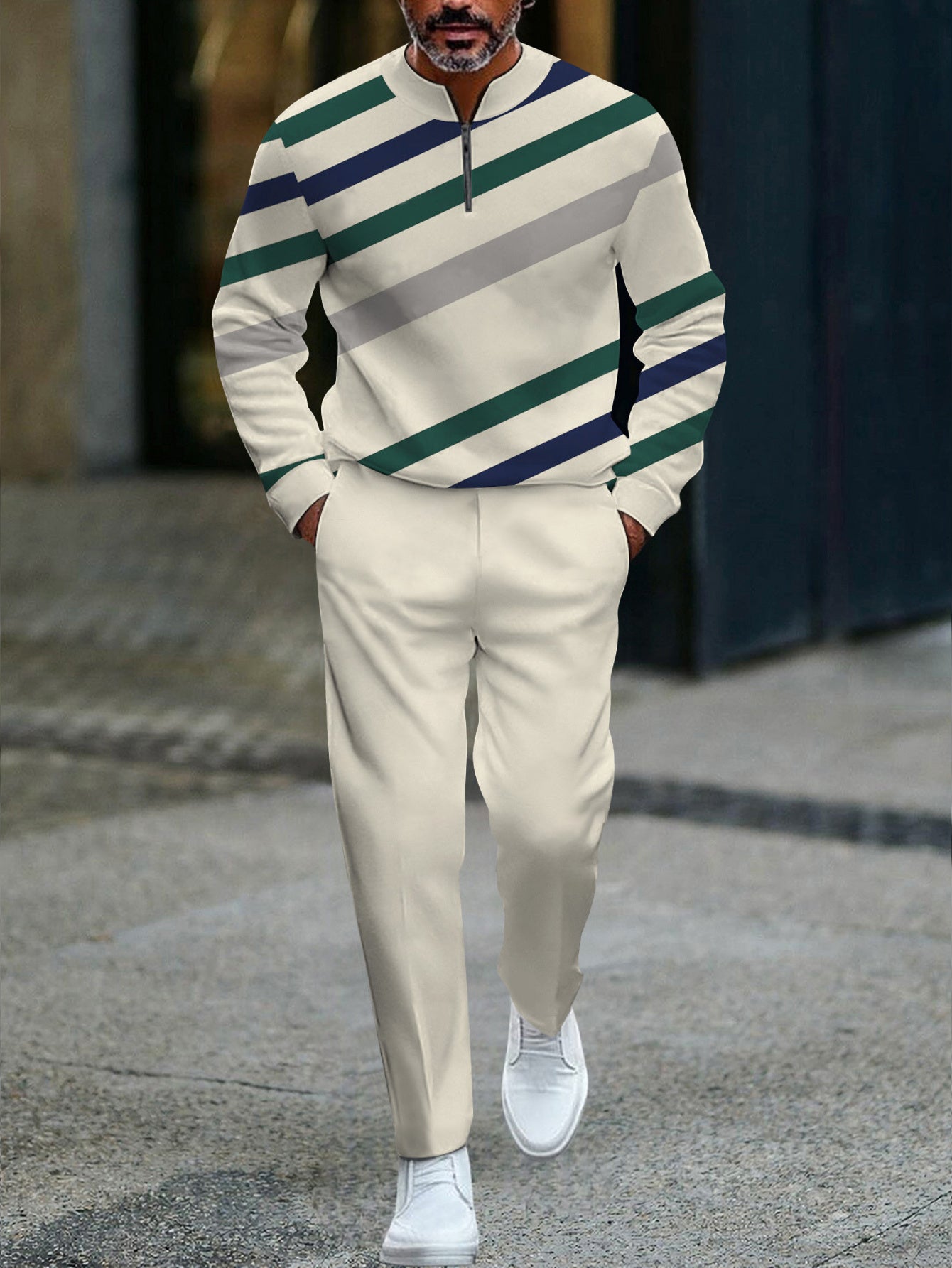 Men's Casual Color Matching Printed Round-Neck Zipper Long Sleeved Trousers Two-Piece Set