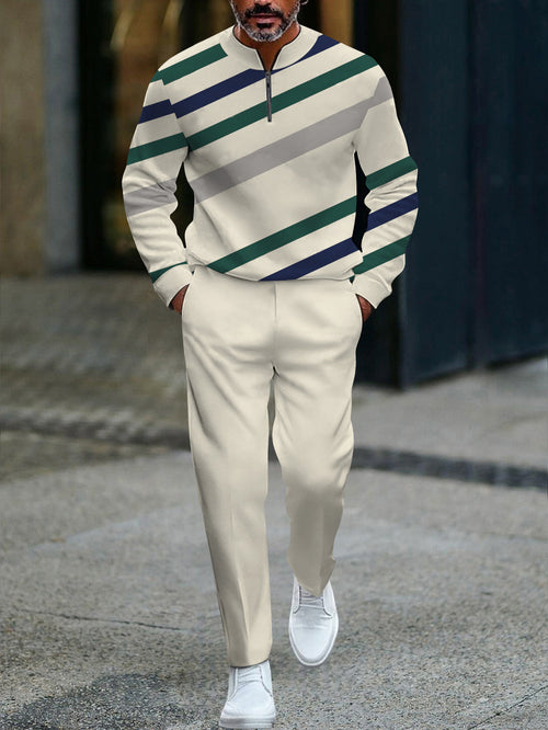 Men's Casual Color Matching Printed Round-Neck Zipper Long Sleeved Trousers Two-Piece Set