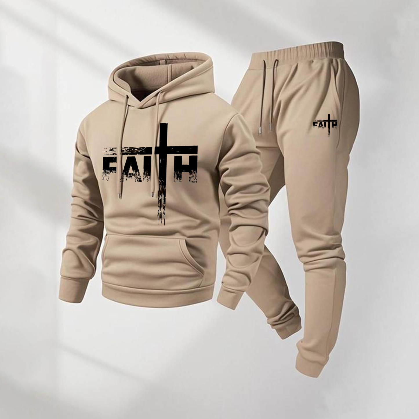 Men's Faith Letter Pattern Print Hoodie and Drawstring Sweatpants Set, Menswear, Casual Athletic Long Sleeve Hooded Jacket & Trousers for Fall & Winter, Men's Clothing for Daily Wear, Sportswear Indoor Outdoor, Tracksuit, Athleisure