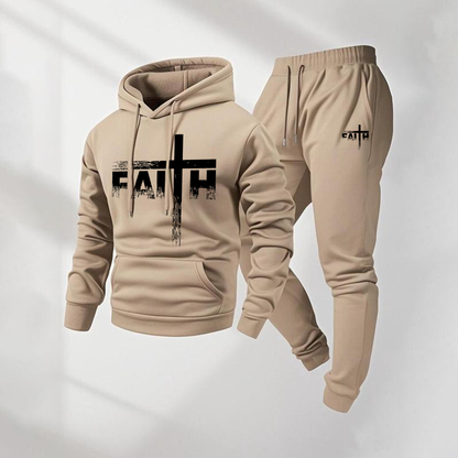 Men's Faith Letter Pattern Print Hoodie and Drawstring Sweatpants Set, Menswear, Casual Athletic Long Sleeve Hooded Jacket & Trousers for Fall & Winter, Men's Clothing for Daily Wear, Sportswear Indoor Outdoor, Tracksuit, Athleisure