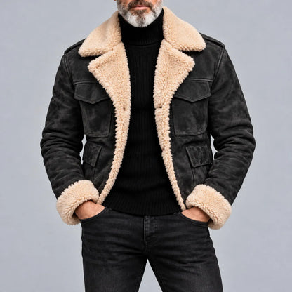 Men's Army Green Suede Multi-Pocket Lapel Collar Single Breasted Thickened Warm Jacket
