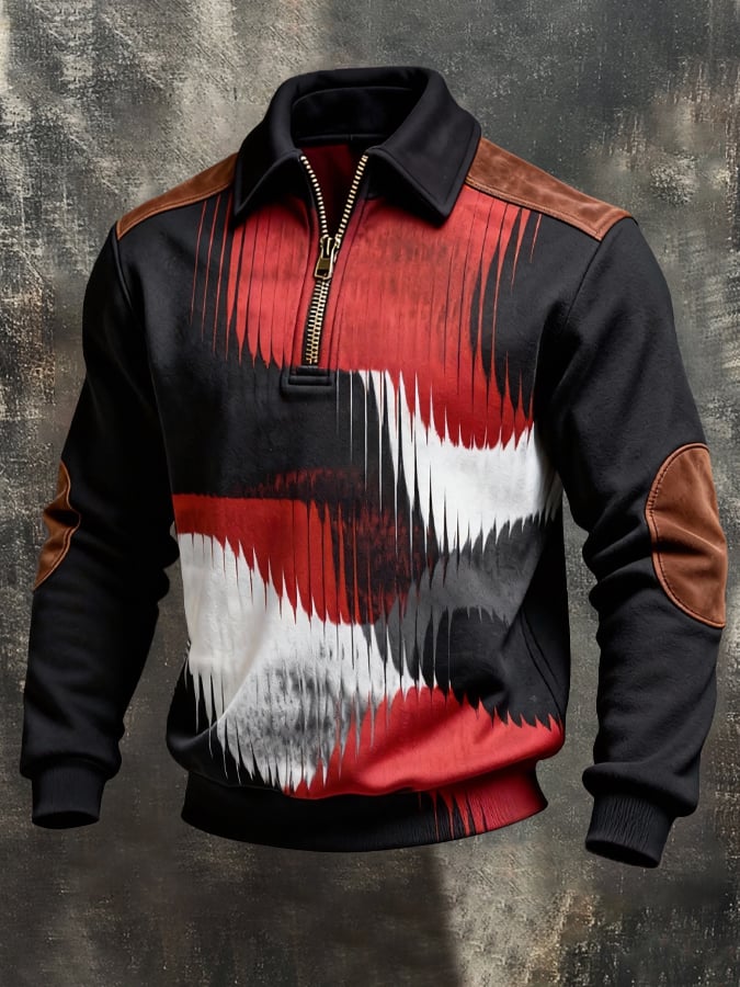 Men's Retro Color Block Print Color-Blocked Zip-Up Sweatshirt