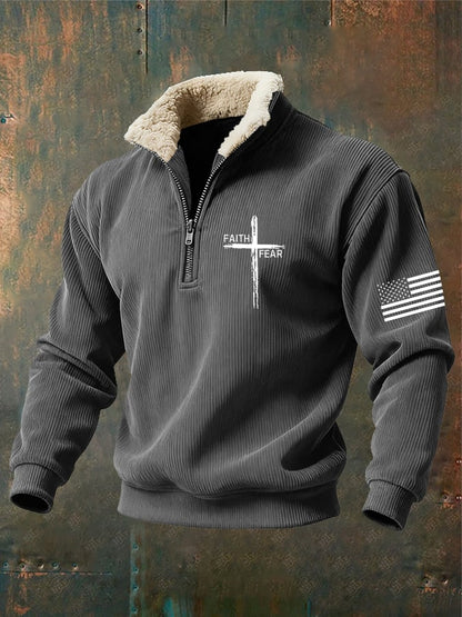 Men's Retro Faith Cross Print Zipper Fur Collar Long Sleeve Sweatshirt