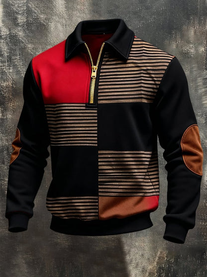 Men'S Vintage Color-Block Printed Zip-Up Sweatshirt