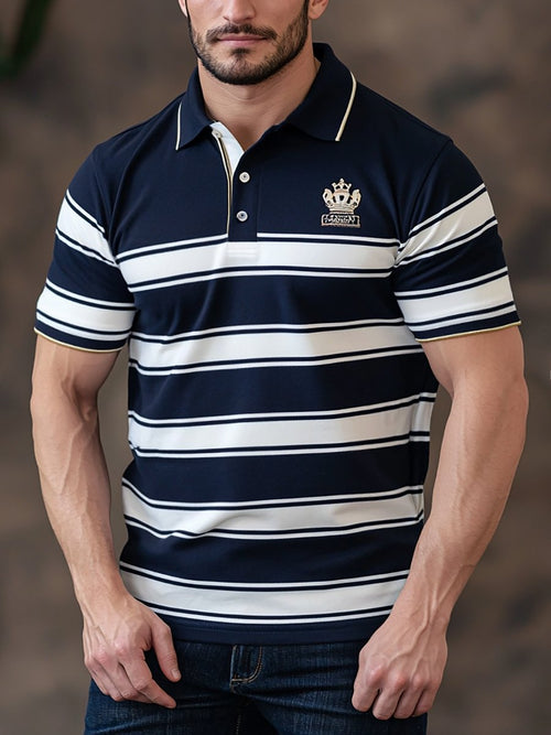 Men's Business Stripe Logo Button-Down Short Sleeve Polo Shirt