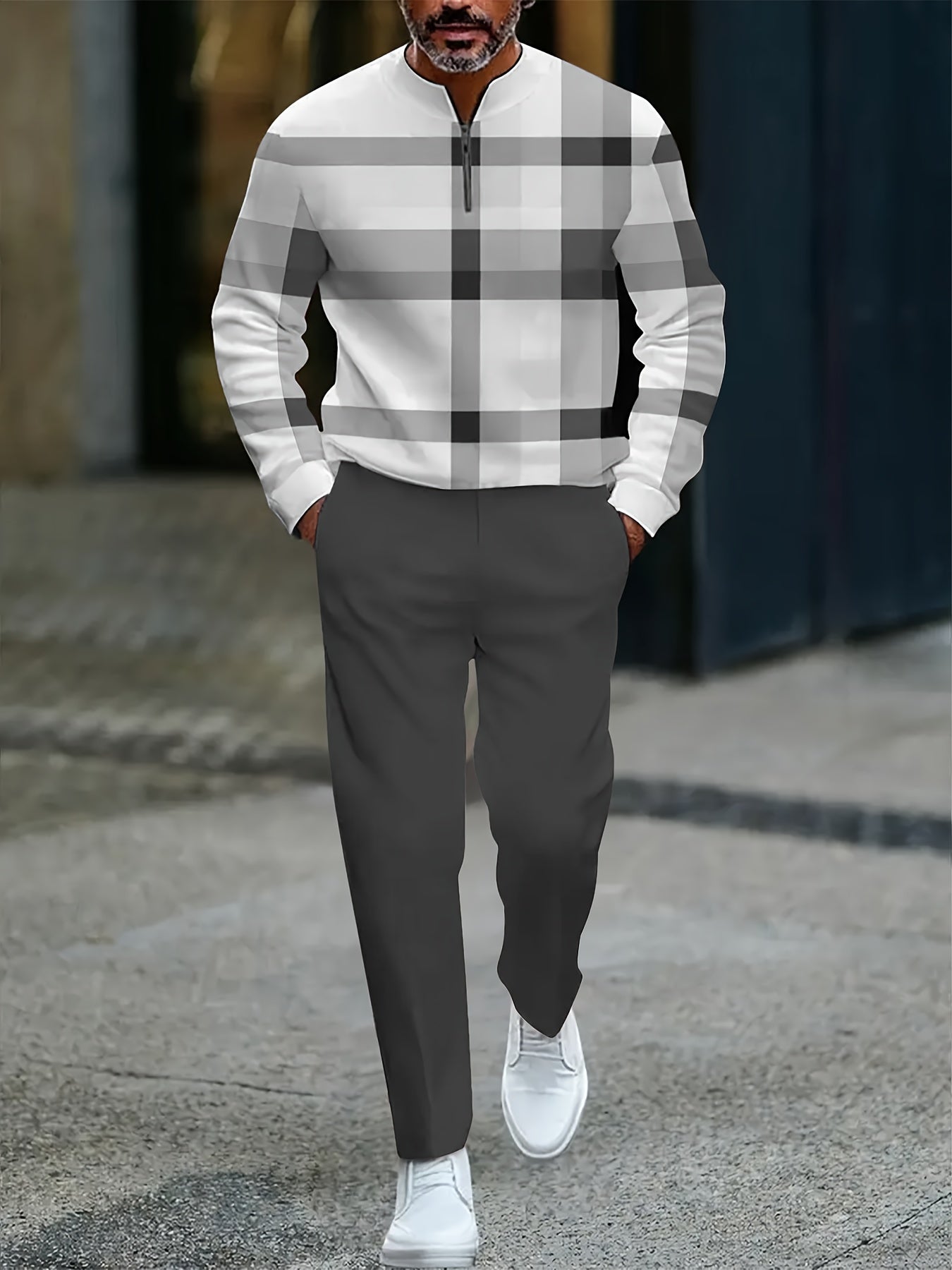 Men's Casual Color Matching Printed Round-Neck Zipper Long Sleeved Trousers Two-Piece Set