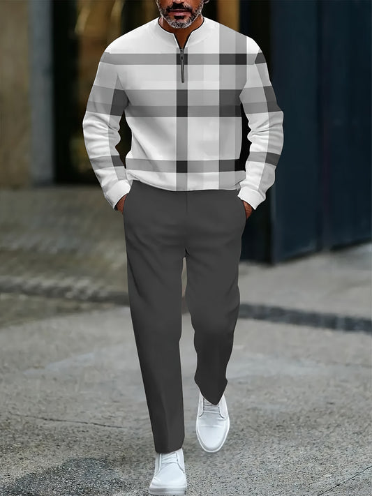 Men's Casual Color Matching Printed Round-Neck Zipper Long Sleeved Trousers Two-Piece Set