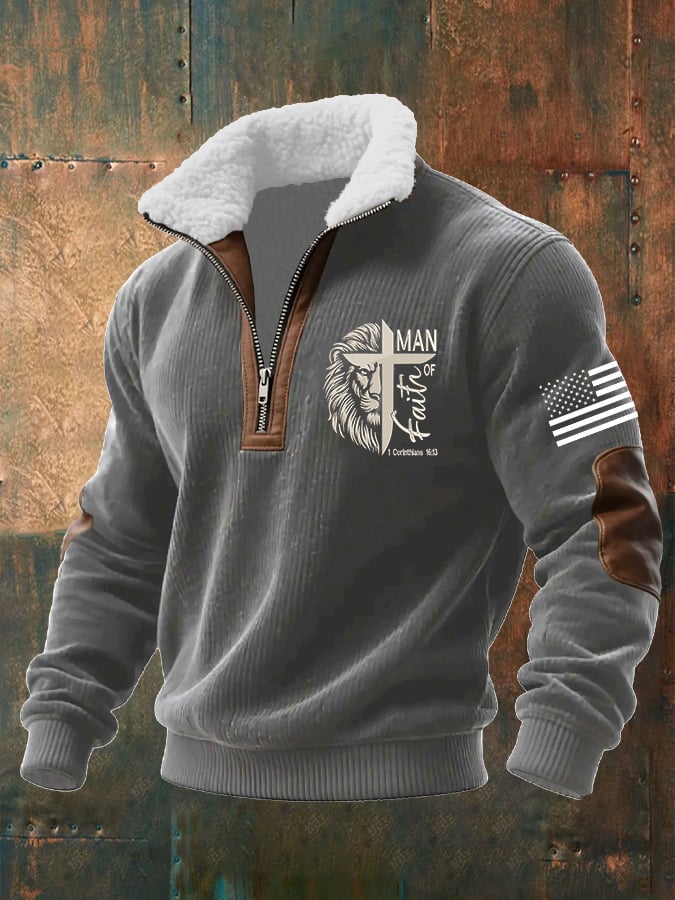 Men's Faith Print Knitted Fabric Zipper Fur Collar Long-Sleeved Sweatshirt