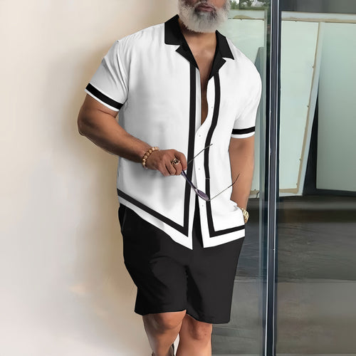 Men's Fashion Casual Lapel Printed Short Sleeve Shirt Two-Piece Set