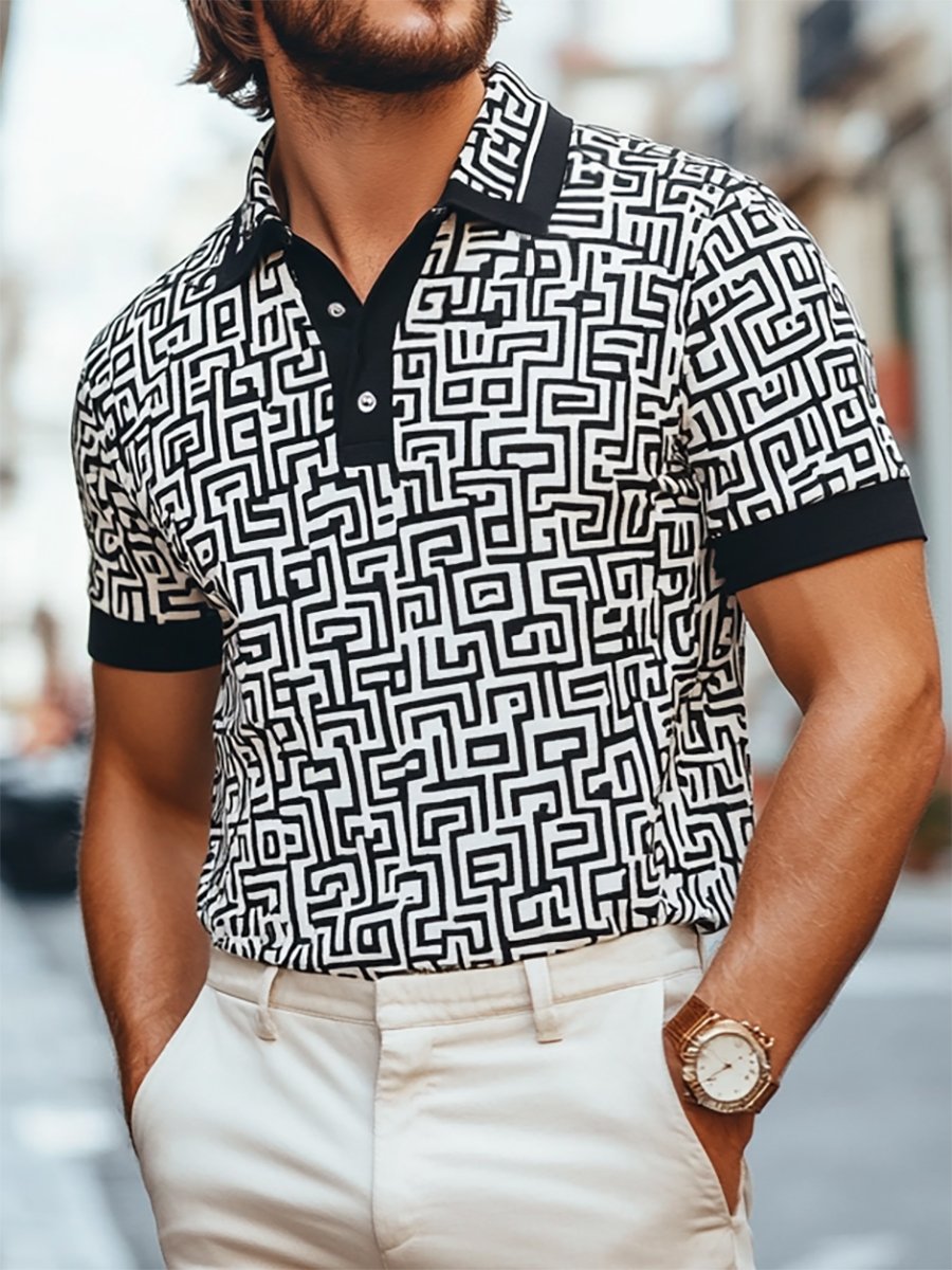 Men's Casual Business Geometric Button Short Sleeve Polo Shirt