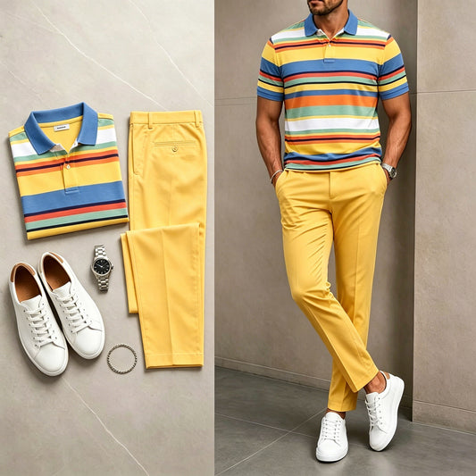 Men's Casual Color-Blocked Stripes Printed Polo Shirt And Pants Two-Piece Set