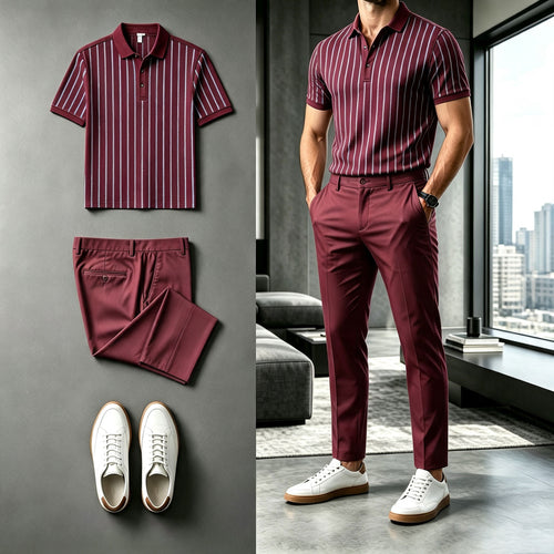 Men's Striped Short-Sleeve Polo Shirt and Pants Set