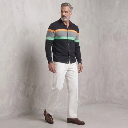 Men's Fashion Colorblock Striped Button-Up Slim Fit Long Sleeve Shirt