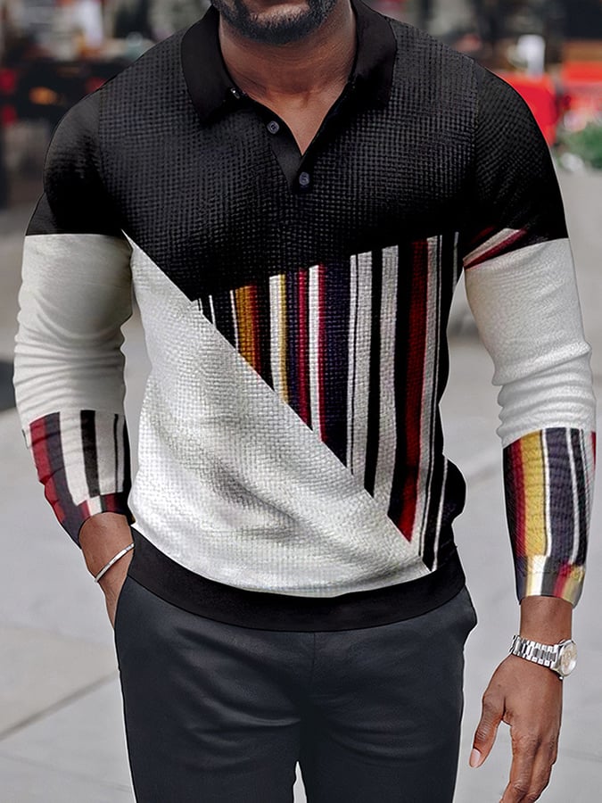 Striped Casual Waffle Long Sleeved Men'S Polo Shirt