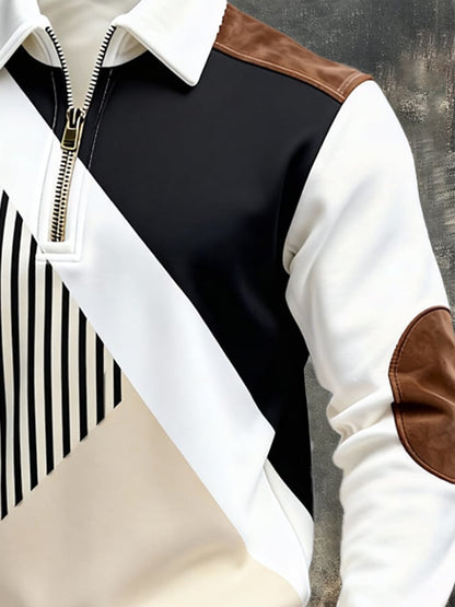 Men's Retro Color Block Print Zipper Sweatshirt