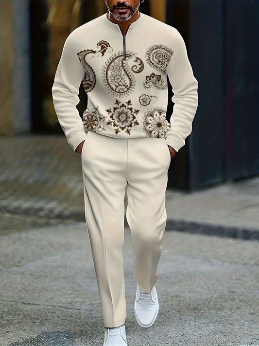 Men's Casual Color Matching Printed Round-Neck Zipper Long Sleeved Trousers Two-Piece Set