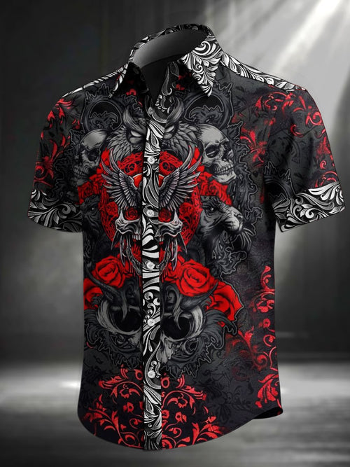 Men's Retro Skull Print Lapel Short Sleeve Shirt