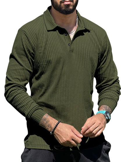 Ribbed Casual Long Sleeve Half Button Knit Polo Shirt