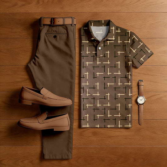 Men's Casual Coffee Color Matching Printed Short Sleeved Polo Shirt & Trousers Two-Piece Set