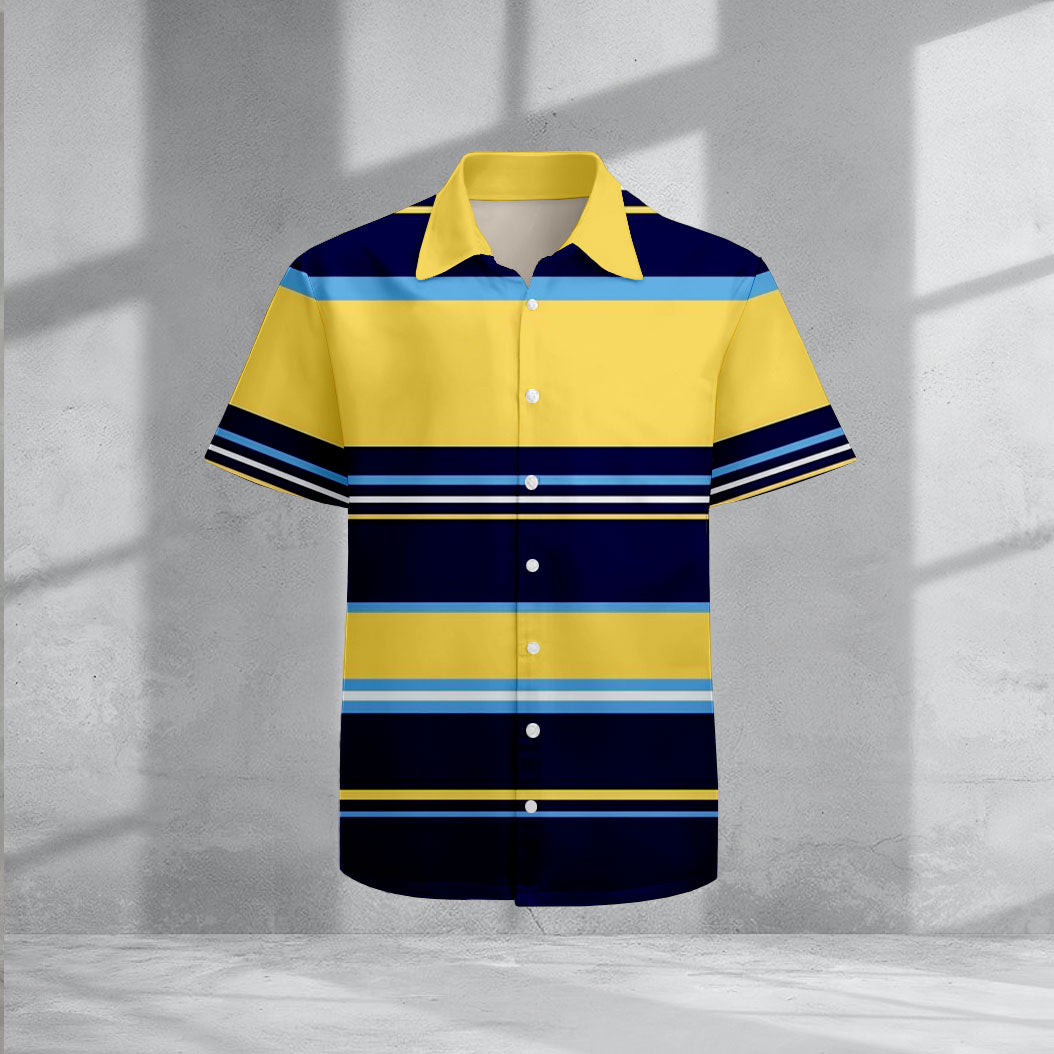 Men's Casual Navy Blue & Yellow Color Matching Striped Print Short-Sleeve Shirt