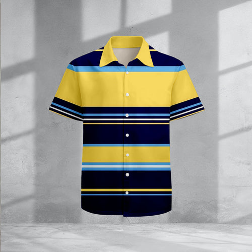 Men's Casual Navy Blue & Yellow Color Matching Striped Print Short-Sleeve Shirt