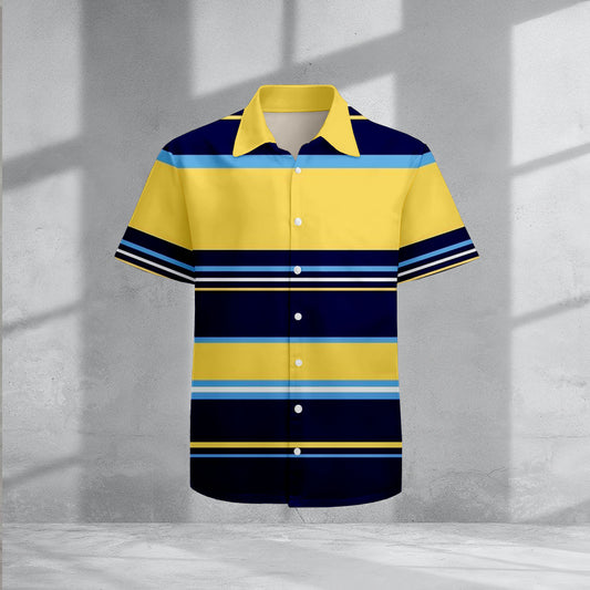 Men's Casual Navy Blue & Yellow Color Matching Striped Print Short-Sleeve Shirt