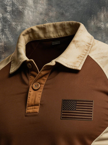 Men's Retro Patriotic Color-Block Short-Sleeve Polo Shirt