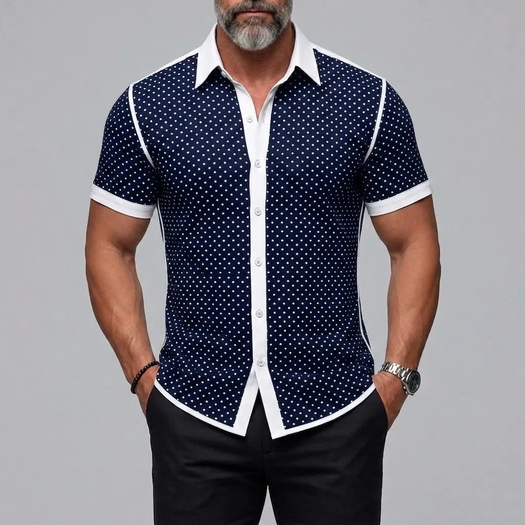 Men's Vintage Polka Dot Print Button-Up Slim Short Sleeve Shirt