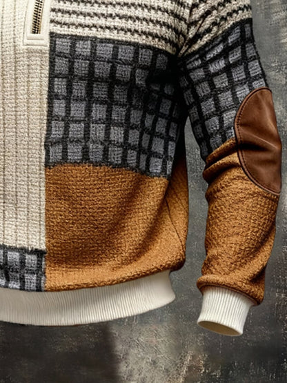 Men's Retro Color Block Print Color-Blocked Zip-Up Sweatshirt