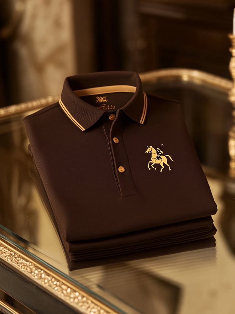 Men's Classic Business Check Logo Button Short Sleeve Polo Shirt