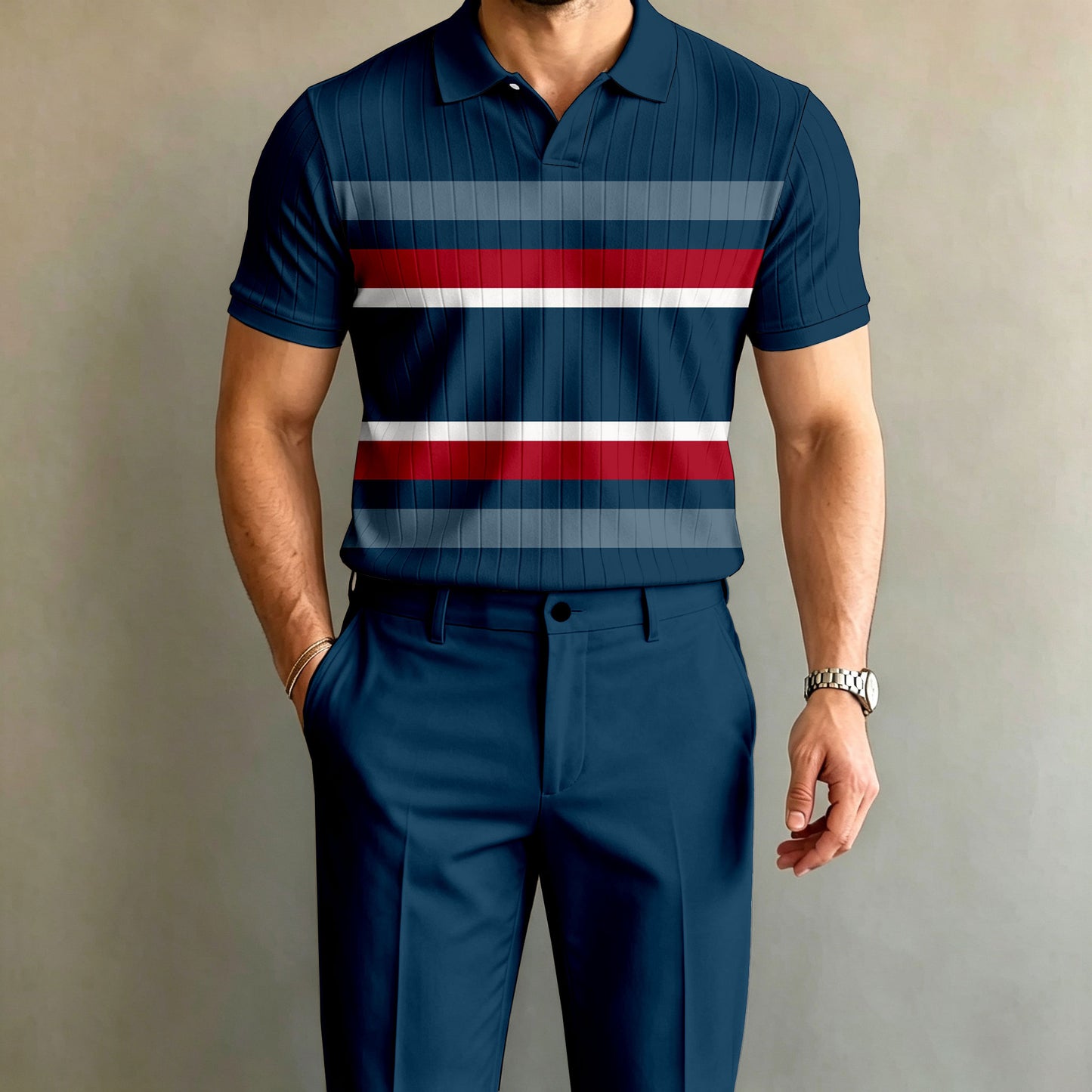 Men's Color-Blocked Striped Short-Sleeve Polo Shirt and Pants Set