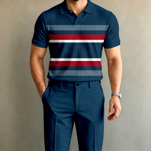 Men's Color-Blocked Striped Short-Sleeve Polo Shirt and Pants Set