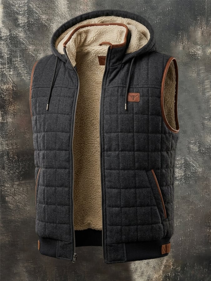 Men's Retro Leather-Panelled Insulated Outdoor Hooded Vest