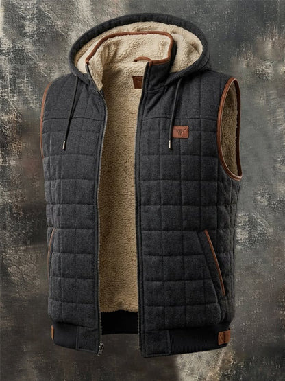 Men's Retro Leather-Panelled Insulated Outdoor Hooded Vest