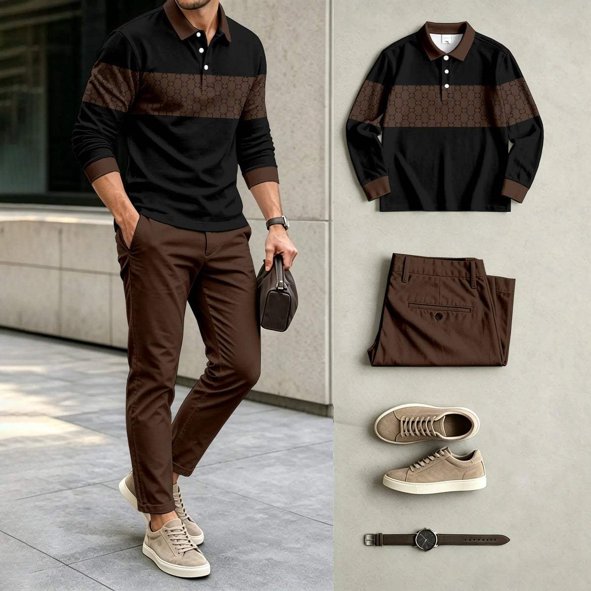 Men's Printed Polo Shirt and Pants Set