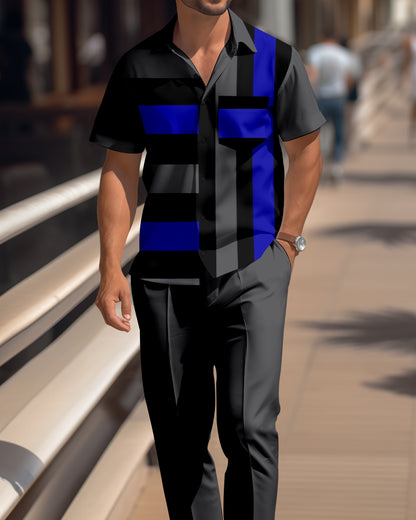Men's Blue and Black Colorblock Short Sleeve Shirt Walking Suit 1670