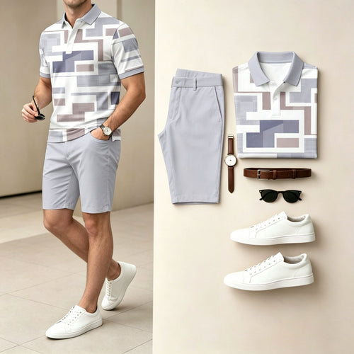 Men's Casual Grey Color Geometric Pattern Polo Shirt & Shorts Two-Piece Set