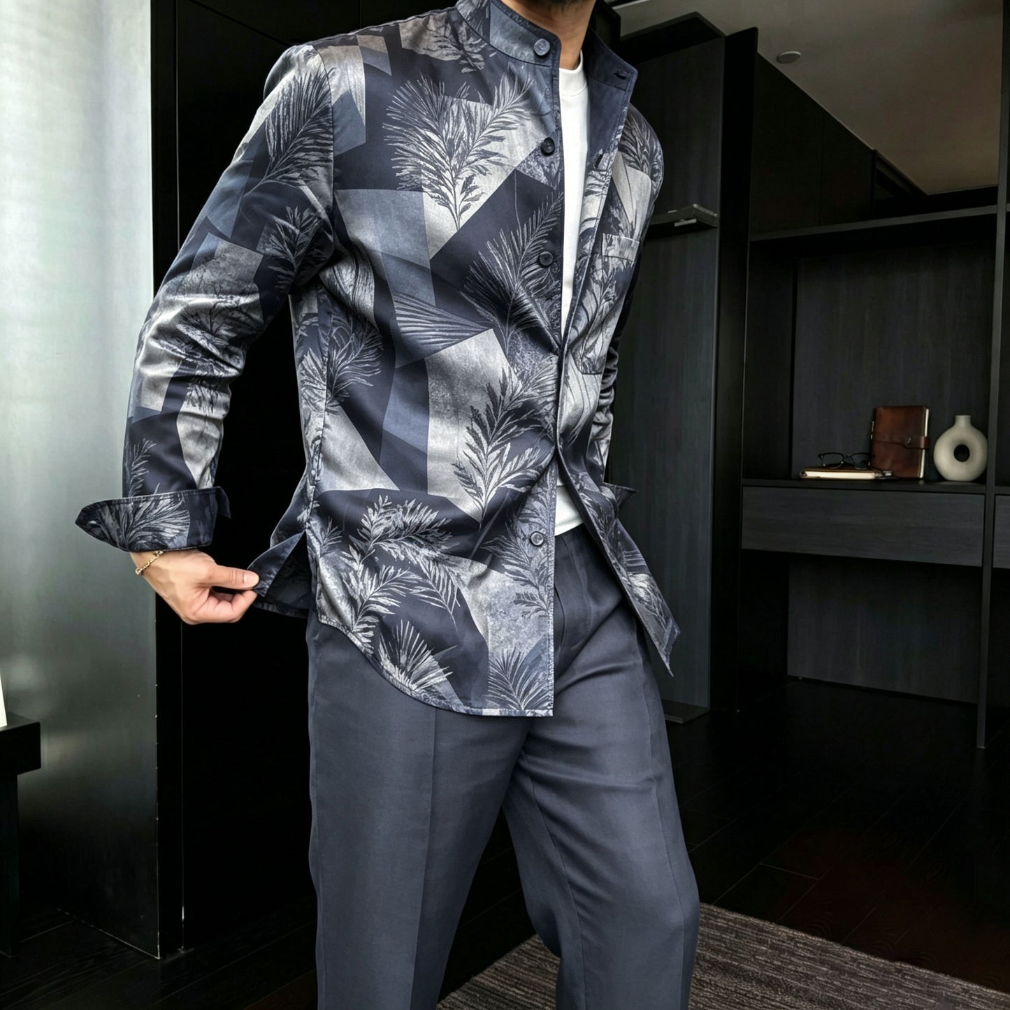 Men's Casual Japanese-Style Classic Print Stand-Collar Long-Sleeve Shirt and Pants Two-Piece Set