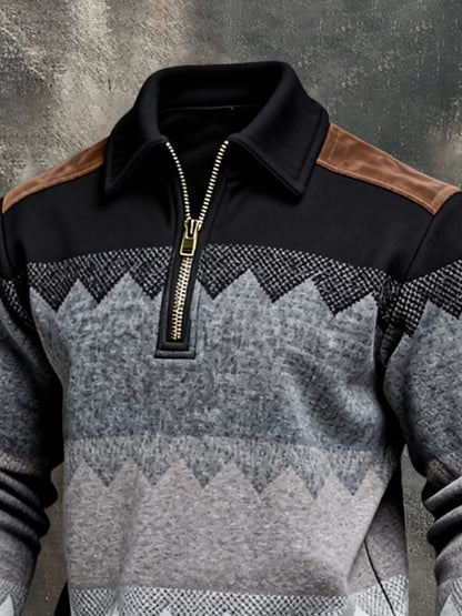 Men's Retro Color Block Print Color-Blocked Zip-Up Sweatshirt