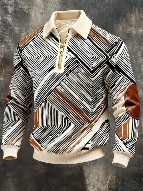 Men's Vintage Color-Block Printed Zip-Up Hoodie