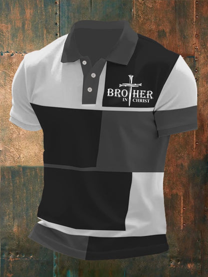 Men'S Brother In Christ Print Contrast Polo Shirt