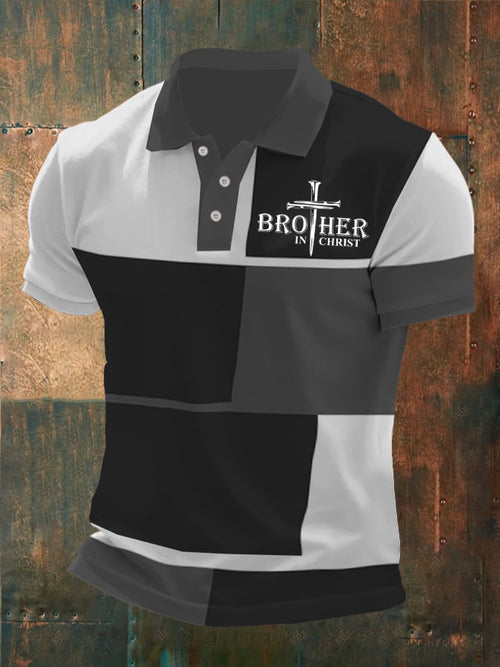 Men'S Brother In Christ Print Contrast Polo Shirt