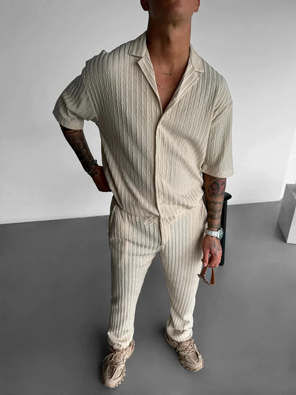Men's White Textured Short Sleeve Shirt Casual Two-piece Set 005