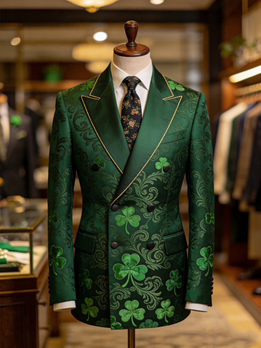 Men's Luxury St. Patrick's Day Shamrock Print Suit Jacket