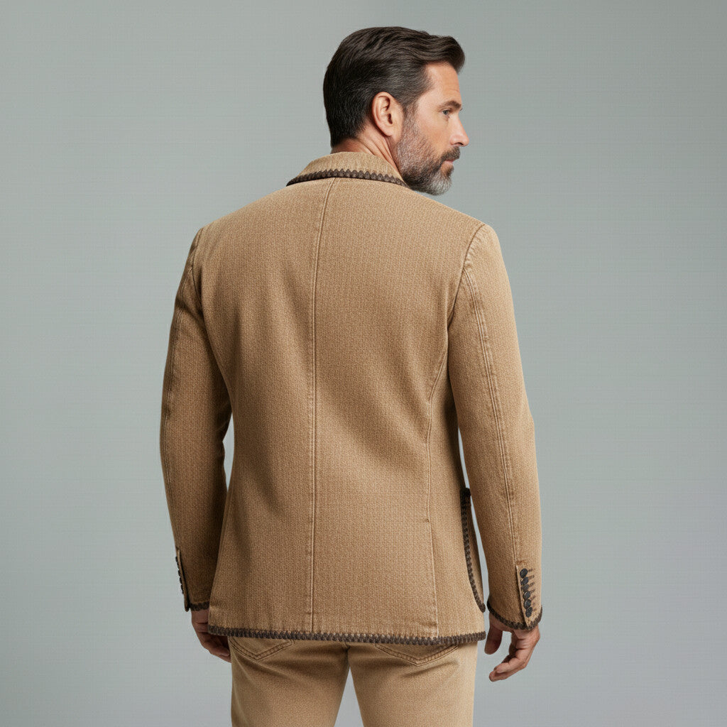 Men's Business Casual Brown Denim Notched Lapel Whipstitch Trim Patch Pockets Long Sleeve Blazer