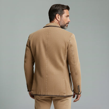 Men's Business Casual Brown Denim Notched Lapel Whipstitch Trim Patch Pockets Long Sleeve Blazer