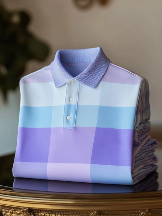 Men's Classic Business Check Logo Button Short Sleeve Polo Shirt